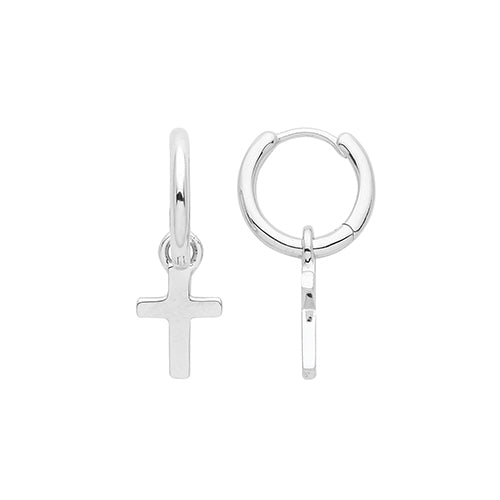 Sterling Silver Rhodium Plated Cross Drop Hoop Earrings