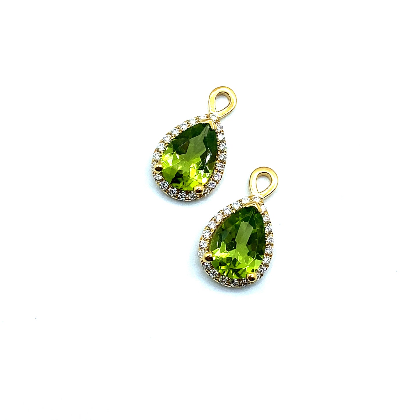 Bespoke Pear Cut Peridot with Diamond Halo 9ct Gold Drop, Removeable Attachments For Earrings, Hoop Earrings and Necklaces