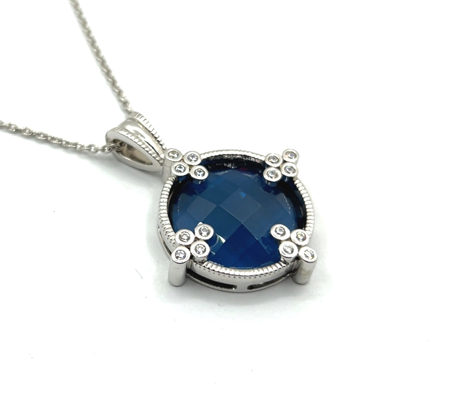 Sterling Silver Large Round Deep Blue Colour Crystal Pendant Necklace