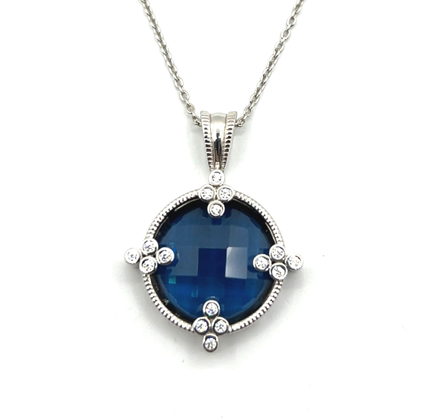 Sterling Silver Large Round Deep Blue Colour Crystal Pendant Necklace