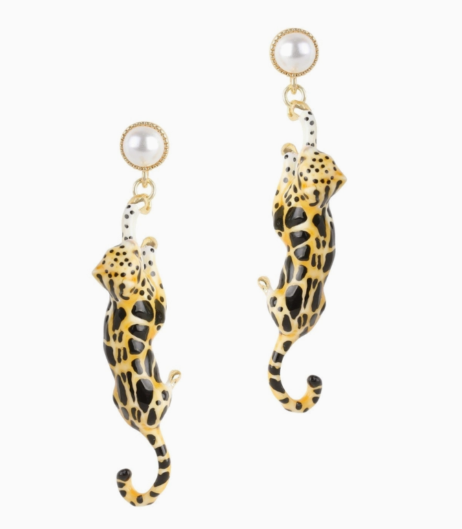 Gold Plated and Enamel Leopard Drop Earrings