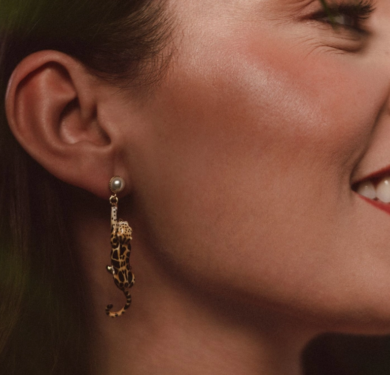Gold Plated and Enamel Leopard Drop Earrings