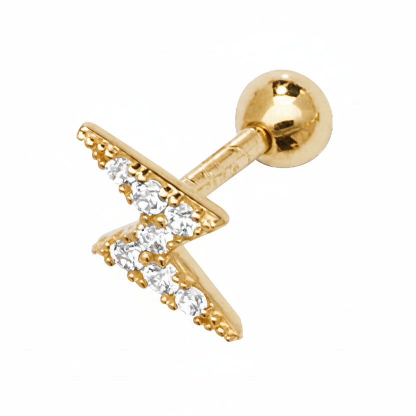 Ziggy Stardust Lightning Bolt Zig Zag 9ct Yellow Gold Cubic Zirconia Cartilage Stud Earring