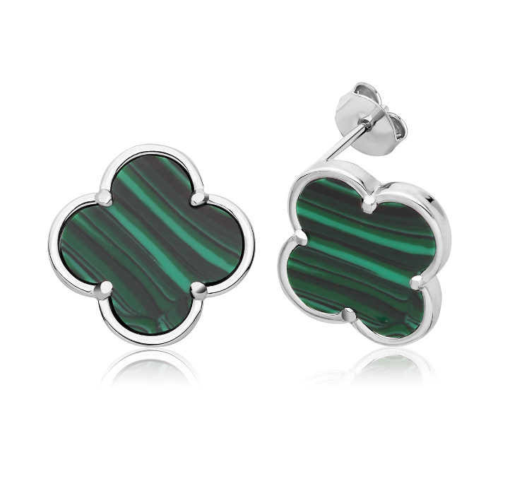 Silver Rhodium Plated Malachite Clover Earrings