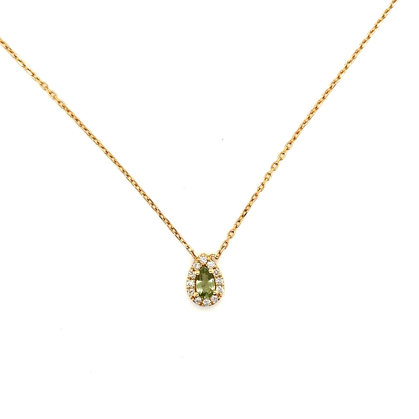 Green Sapphire and Diamond Pear Cut Halo Pendant Necklace in 18ct Yellow Gold