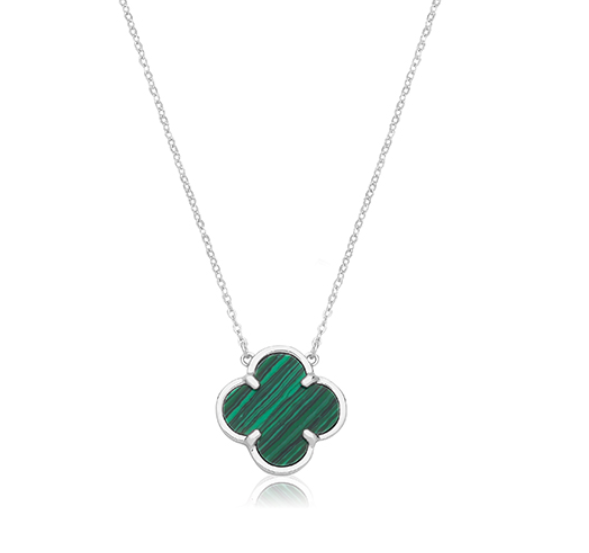 925 Silver Rhodium Plated Malachite Clover Necklace