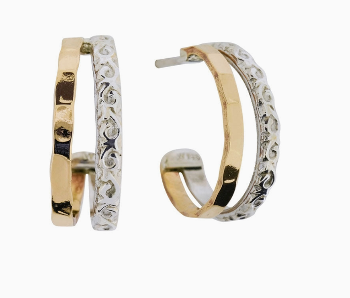 925 Mixed Metal Hammered & Florally Textured Effect Hoop Earrings