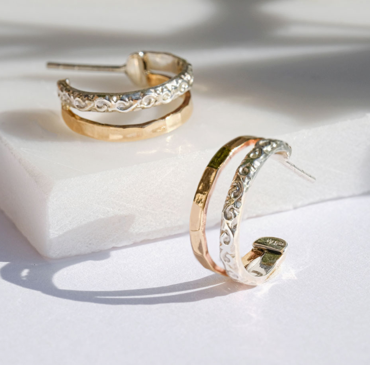 925 Mixed Metal Hammered & Florally Textured Effect Hoop Earrings