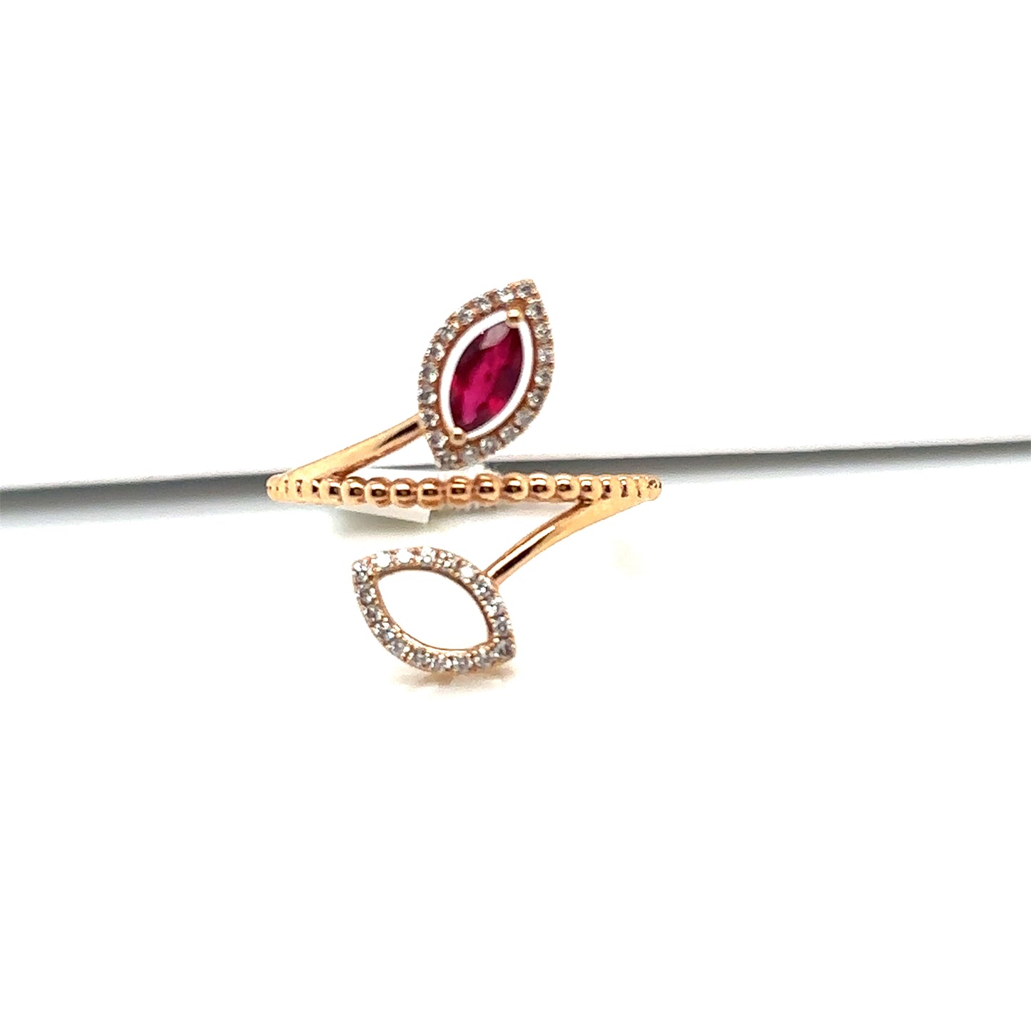 18ct Rose Gold Ruby and Diamond Leaf Motiff Ring