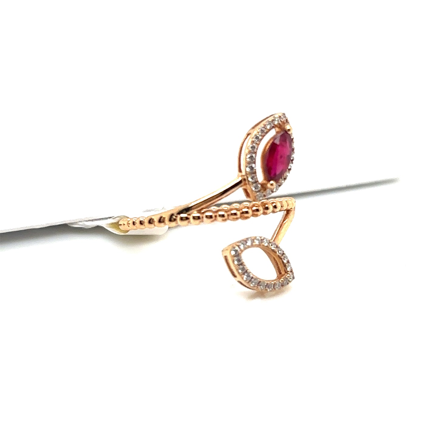 18ct Rose Gold Ruby and Diamond Leaf Motiff Ring