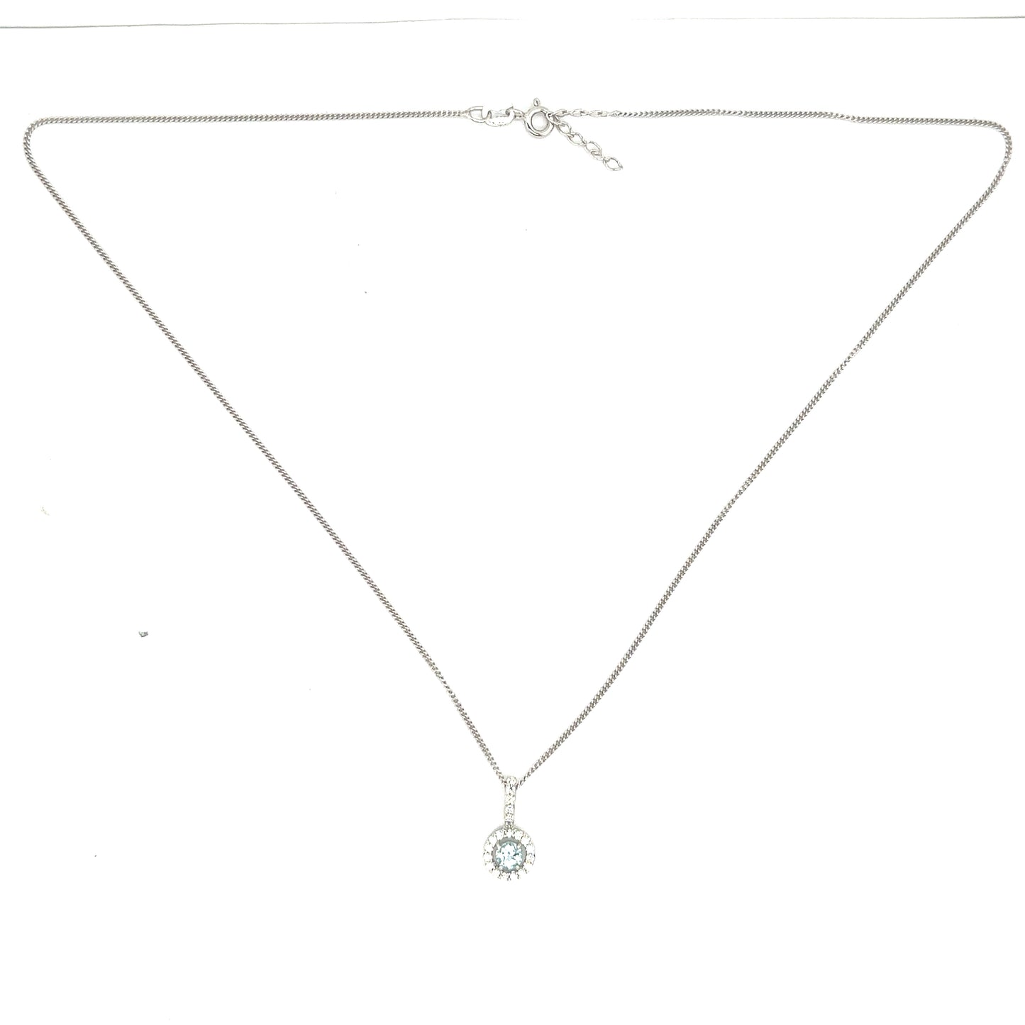 Round Brilliant Cut Sky Blue Topaz with a Cubic Zirconia Halo Set in Sterling Silver Pendant Necklace.