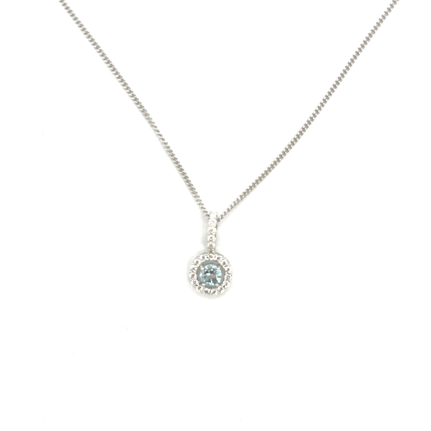 Round Brilliant Cut Sky Blue Topaz with a Cubic Zirconia Halo Set in Sterling Silver Pendant Necklace.
