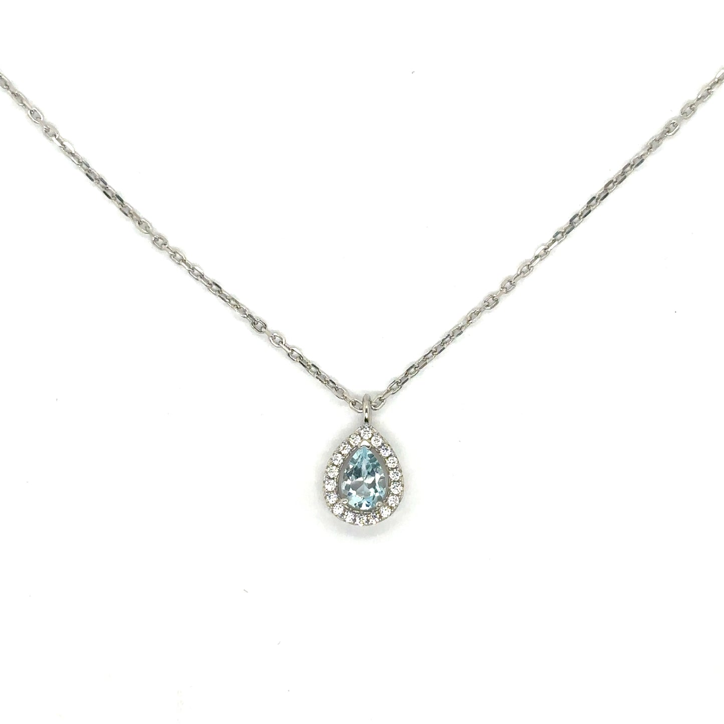 Pear Cut Sky Blue Topaz with a Cubic Zirconia Halo Set in Sterling Silver Pendant Necklace