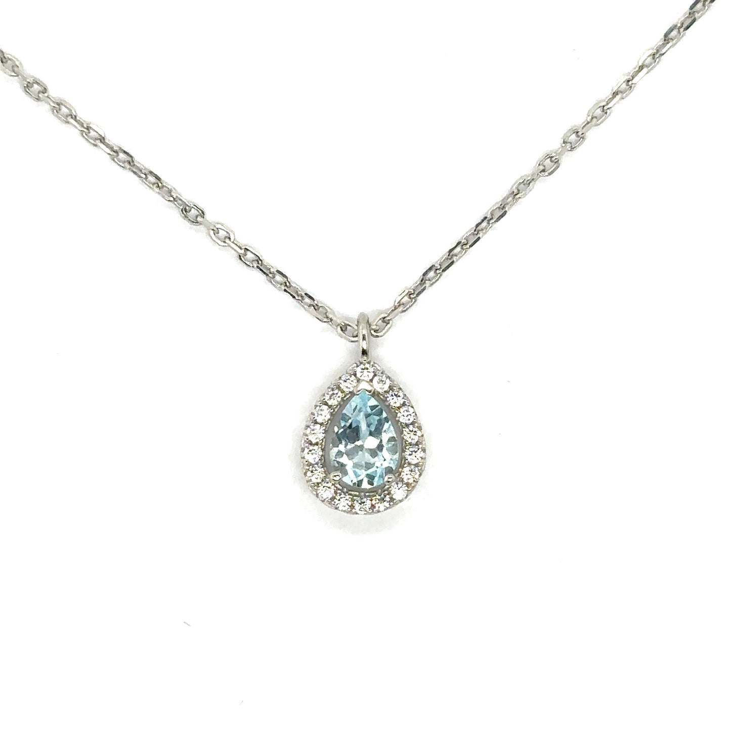 Pear Cut Sky Blue Topaz with a Cubic Zirconia Halo Set in Sterling Silver Pendant Necklace