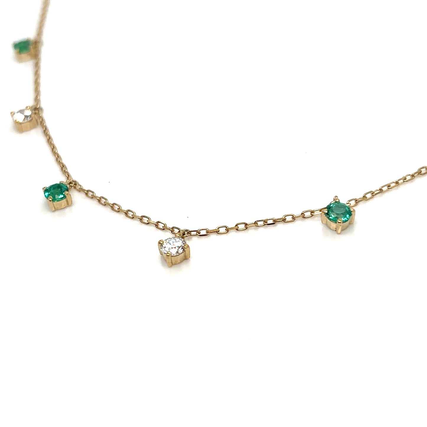Emerald and Diamond 7 Round Brilliant Cut Droplet Yellow Gold Necklace