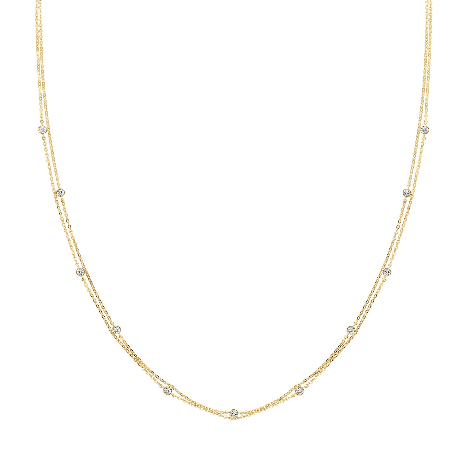 Two Strand, 9ct Gold Gem Set "Yard Of Diamond" Style Necklace