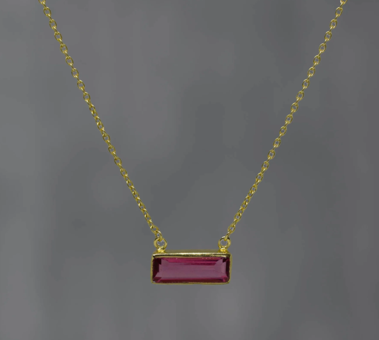 18ct Gold Vermeil Rectangular Pink Quartz Gemstone Necklace
