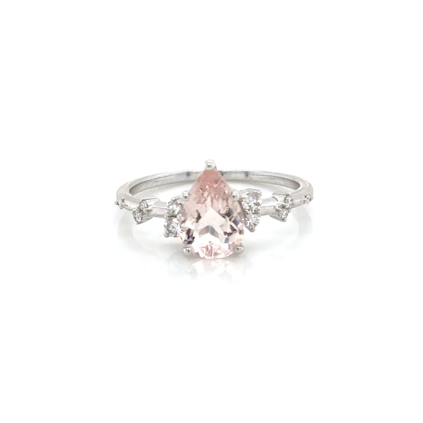 Monroe's "Flowing Nature" Pear Cut Morganite With Scattered Set Diamonds 9ct White Gold Ring
