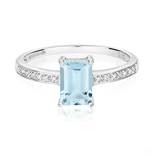 Solitaire Emerald Cut Aquamarine and Diamond Ring in 9ct Gold