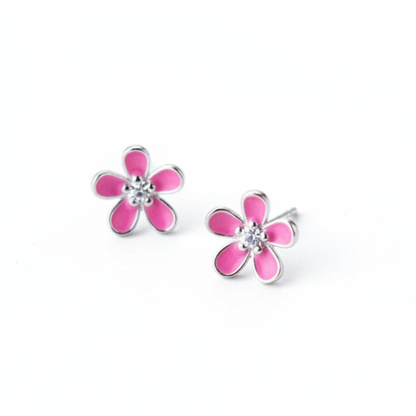 Sterling Silver Pink Flower Stud Earrings