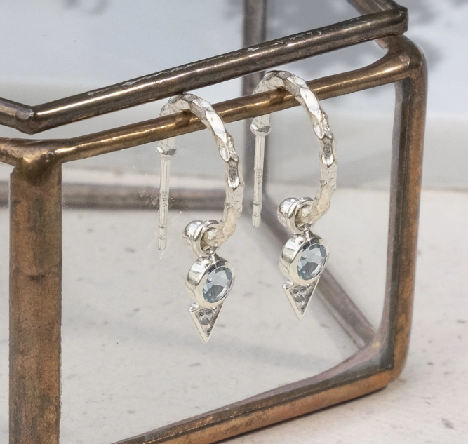 925 Silver Small Hammered Textured Hoop Earring with Blue Topaz Charms