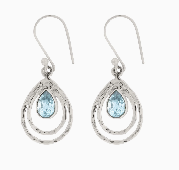 925 Silver Hammered Effect Pear Drop Earrings with Pear Cut Blue Topaz Centre