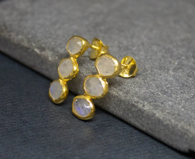 18ct Gold Vermeil Triple Rainbow Moonstone Drop Earring