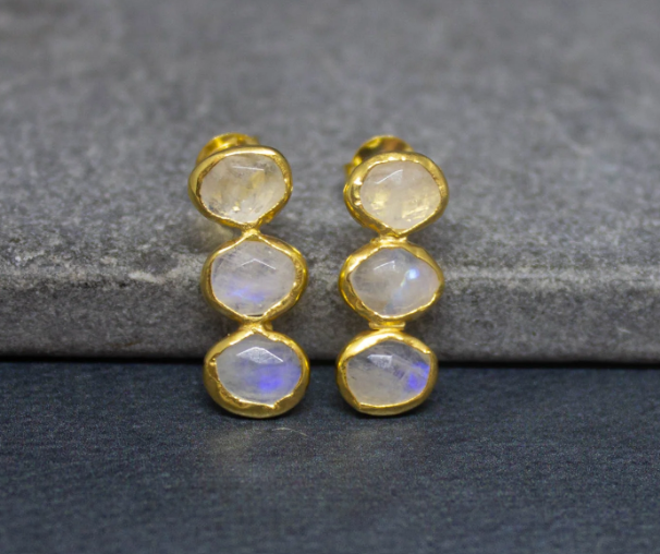 18ct Gold Vermeil Triple Rainbow Moonstone Drop Earring