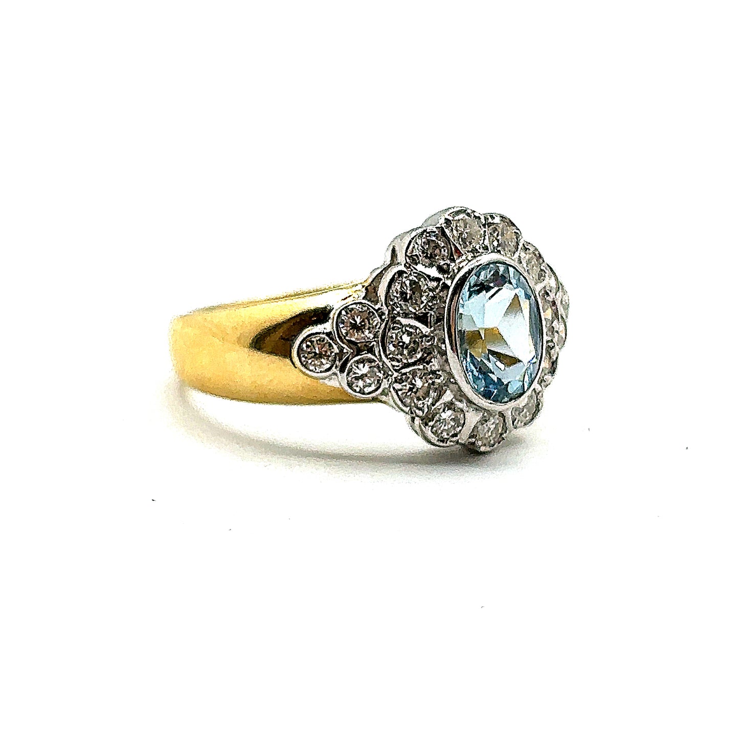 Oval Aquamarine and Diamond Halo Ring With Wide 18ct Gold Band