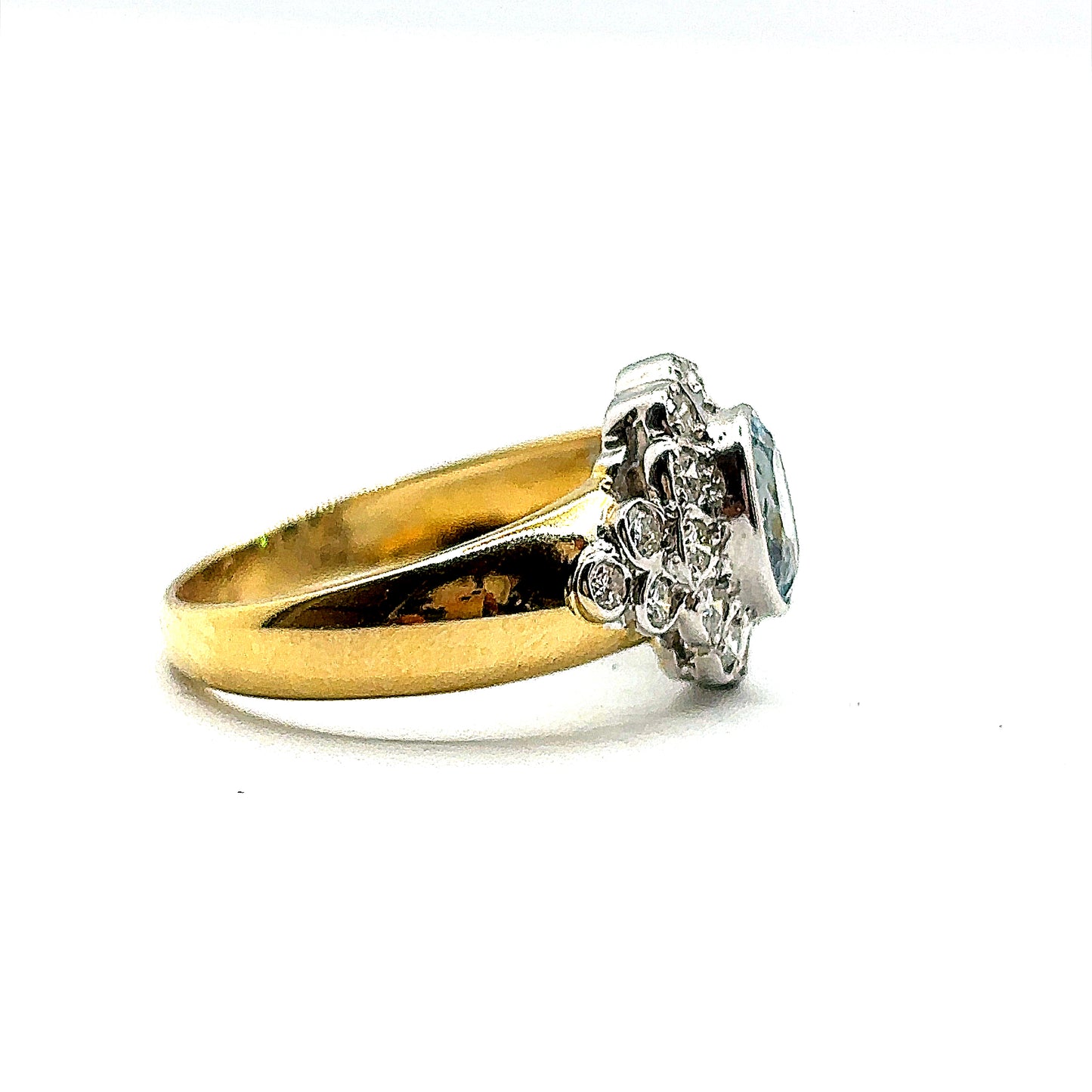 Oval Aquamarine and Diamond Halo Ring With Wide 18ct Gold Band