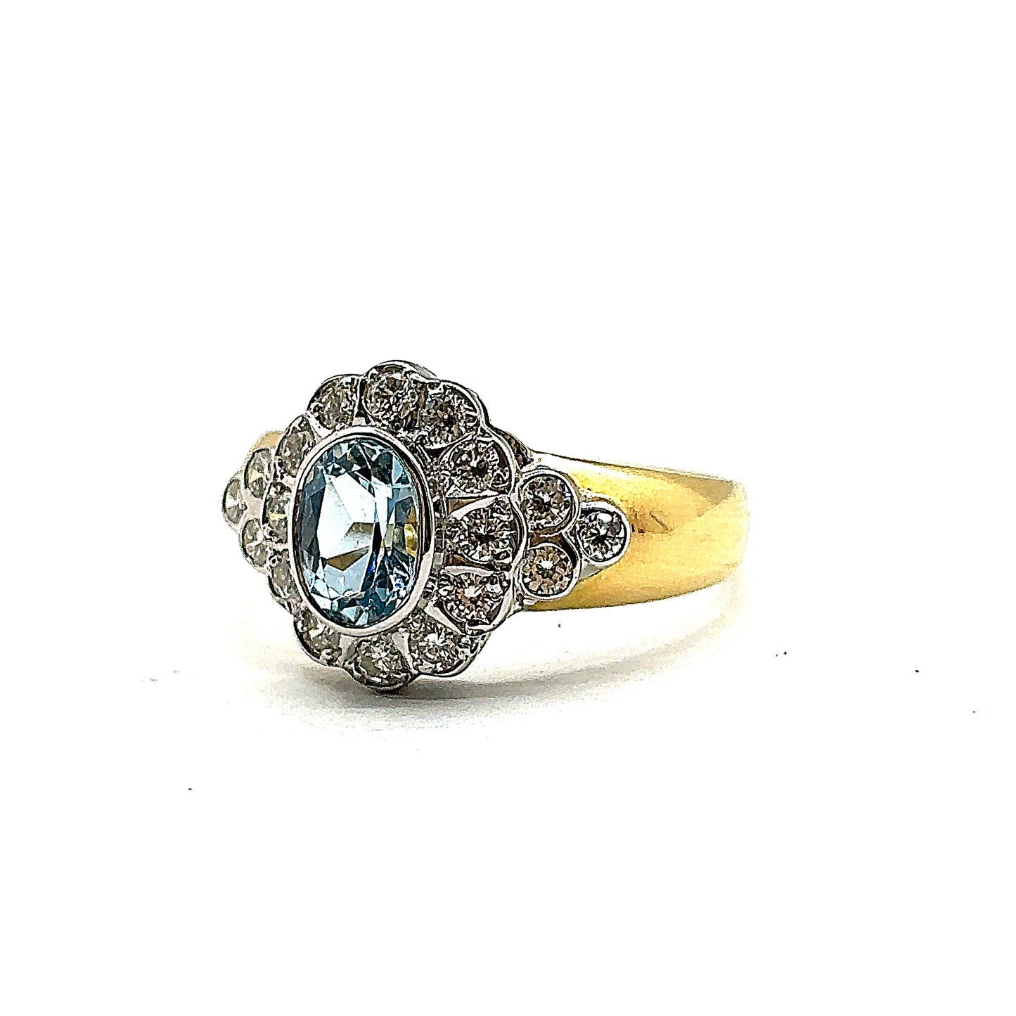 Oval Aquamarine and Diamond Halo Ring With Wide 18ct Gold Band