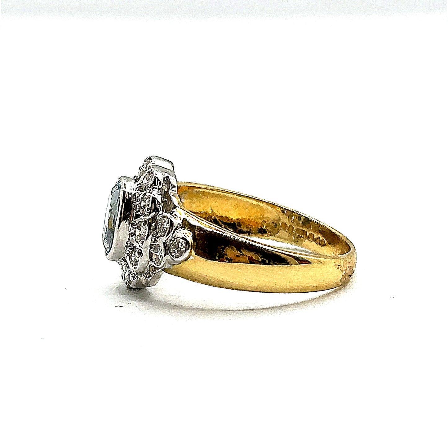 Oval Aquamarine and Diamond Halo Ring With Wide 18ct Gold Band