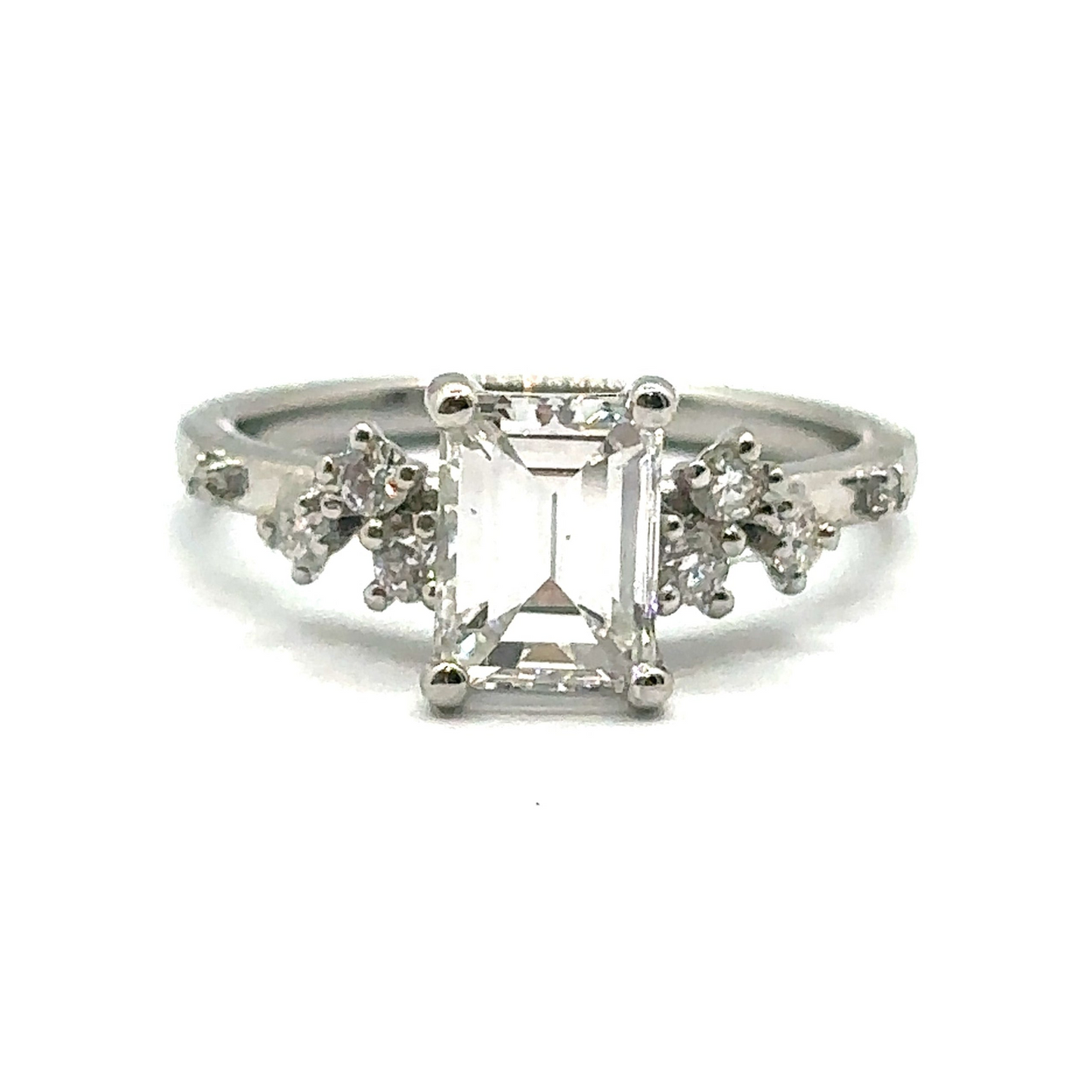 Emerald Cut 'Flowing Nature 'Diamond Engagement Ring with Round Brilliant Side Stones in Platinum