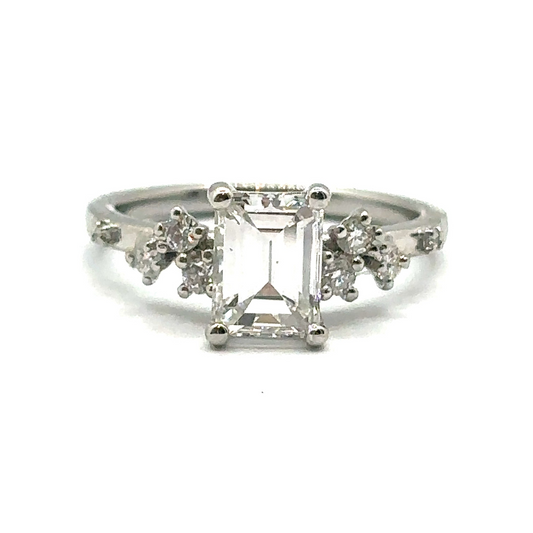 Emerald Cut 'Flowing Nature 'Diamond Engagement Ring with Round Brilliant Side Stones in Platinum