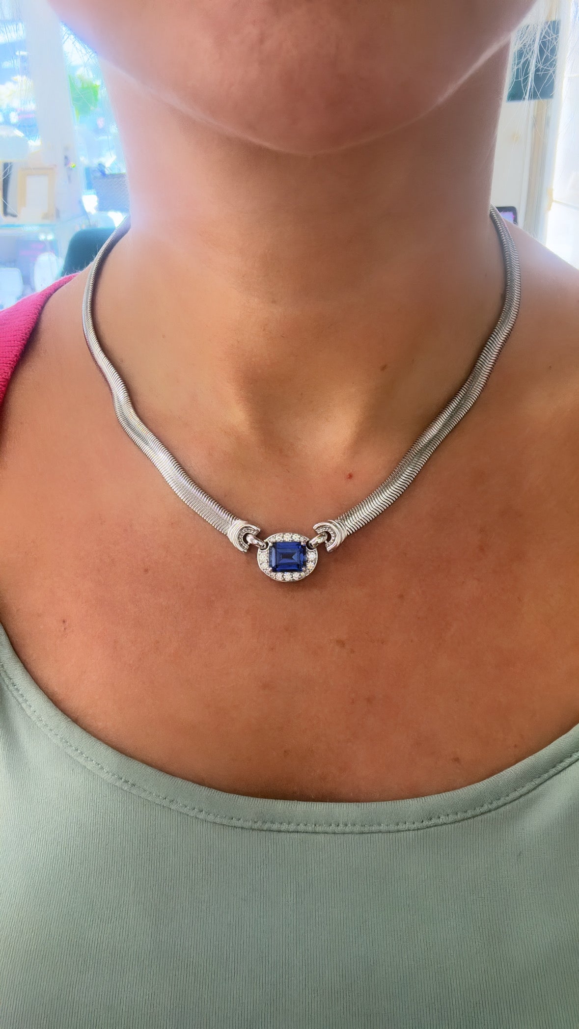 Lab Created Sapphire and Silver Halo Necklace
