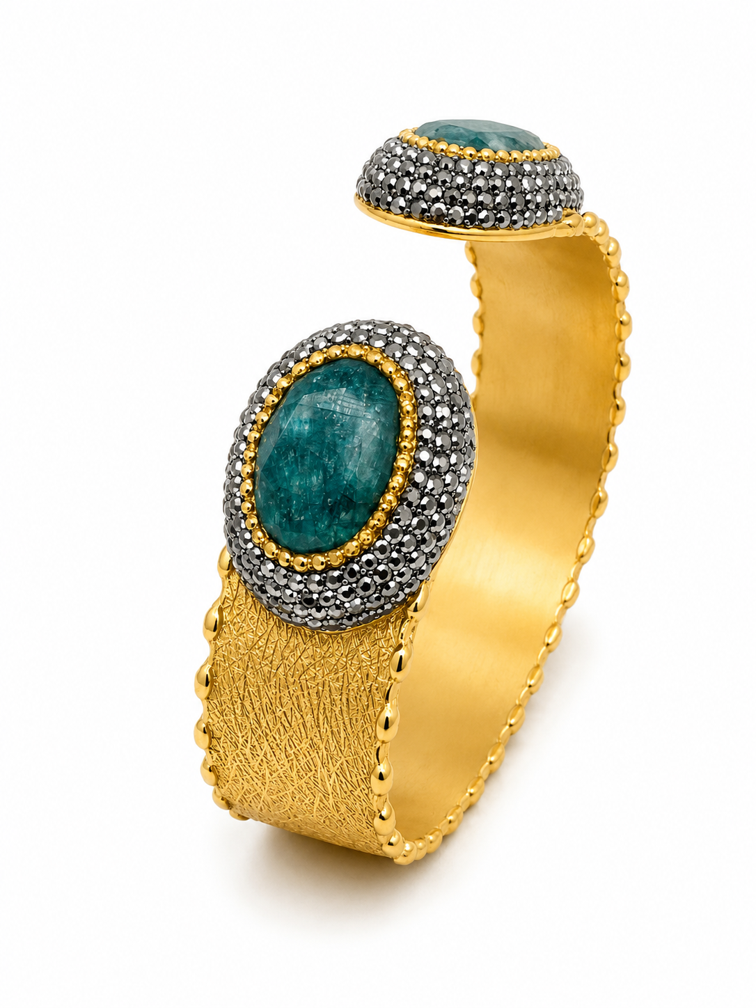 18ct yellow gold plated bangle with green agate and black czs