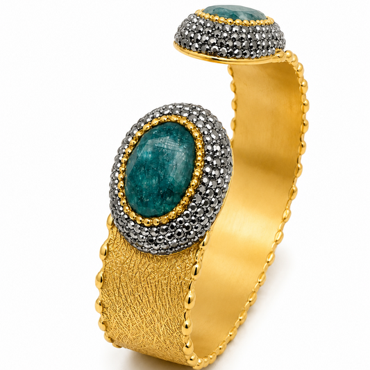 18ct yellow gold plated bangle with green agate and black czs