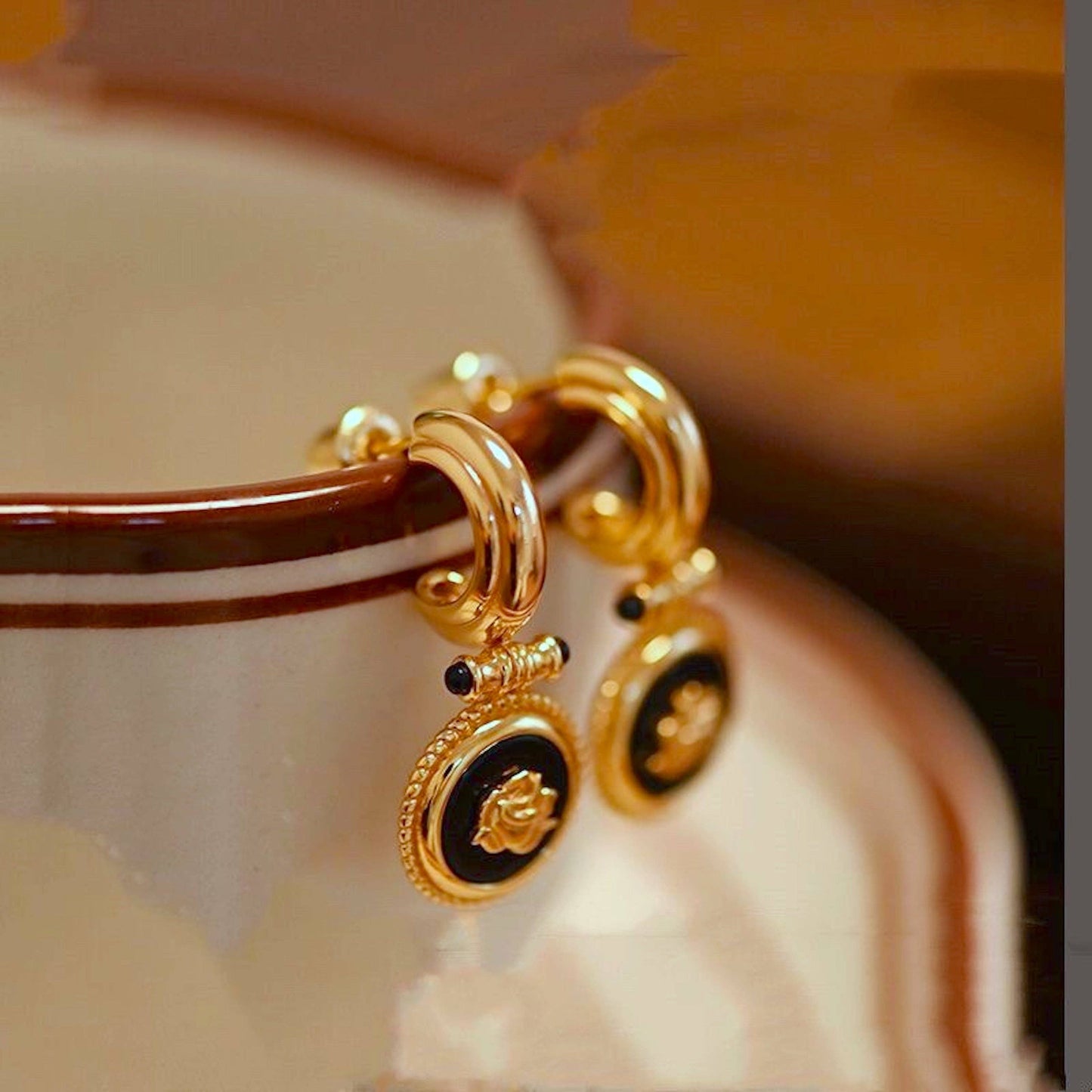 Vintage inspired detailed design Rose pendant earrings with black enamel-gold vermeil