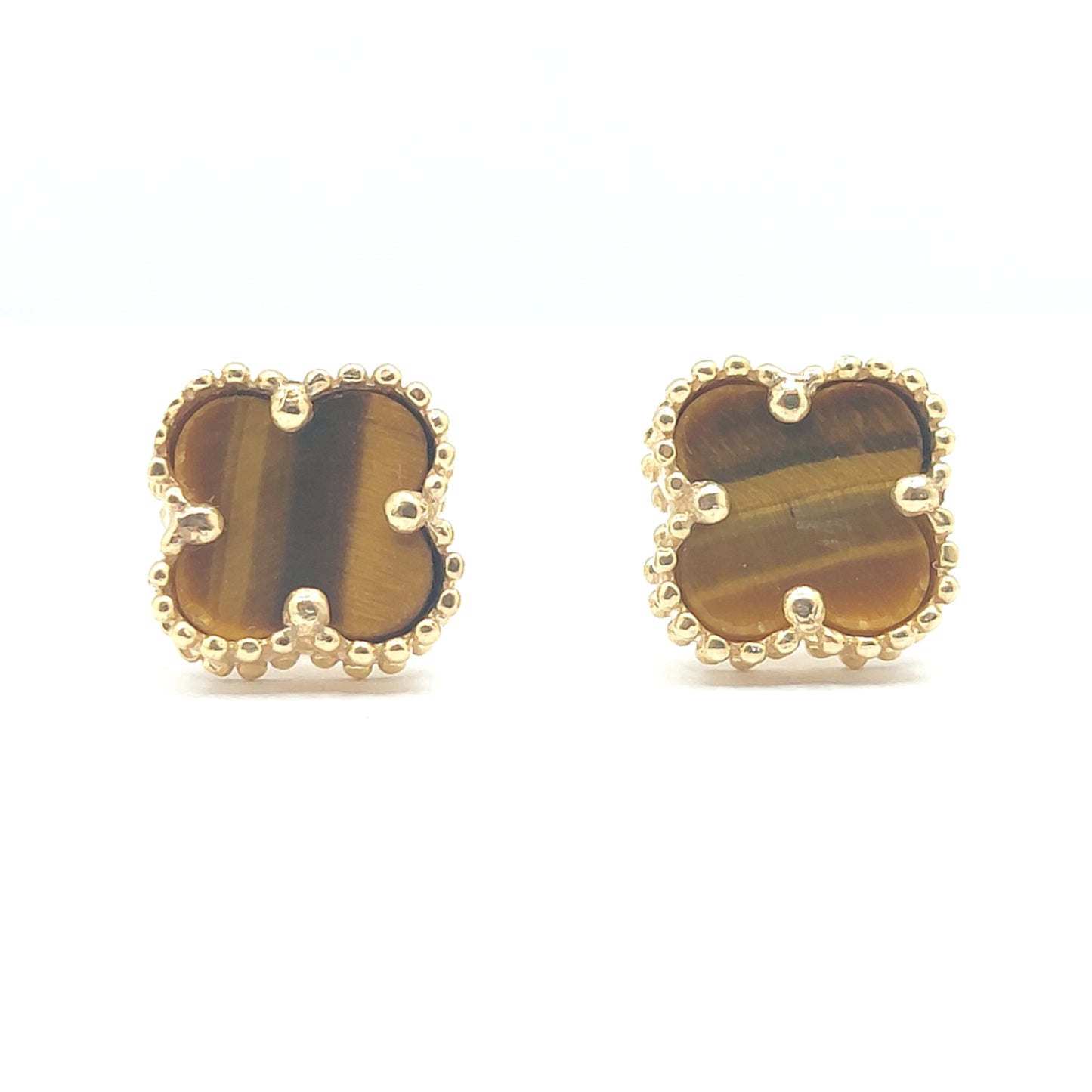925 yellow gold tigers eye clover stud earrings