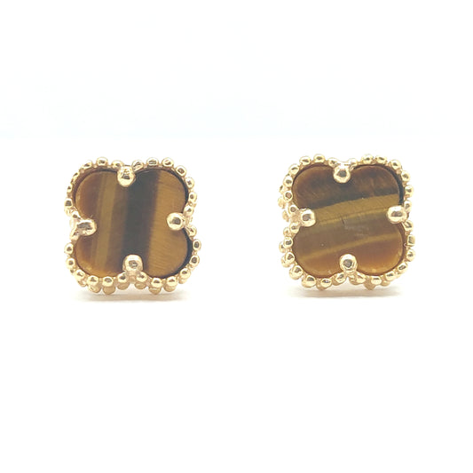 925 yellow gold tigers eye clover stud earrings