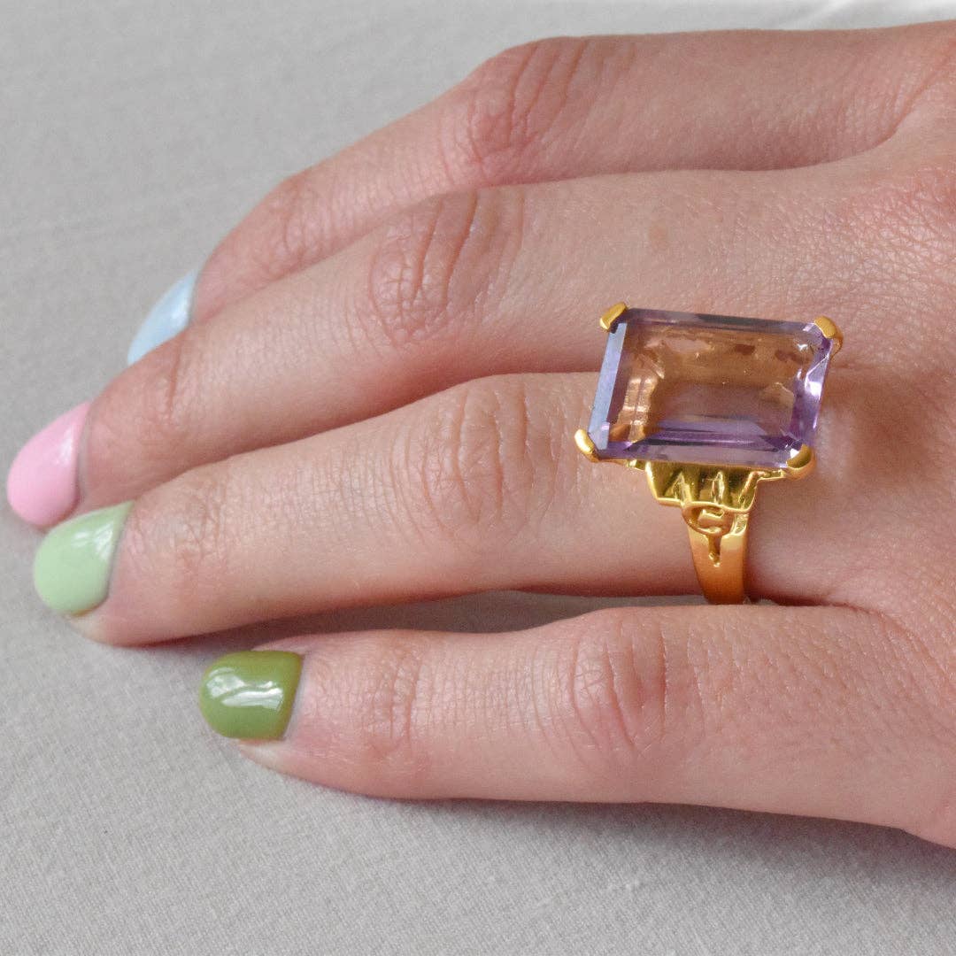 Emerald Cut Purple Amethyst Reign, 18ct Gold Vermeil Cocktail Ring