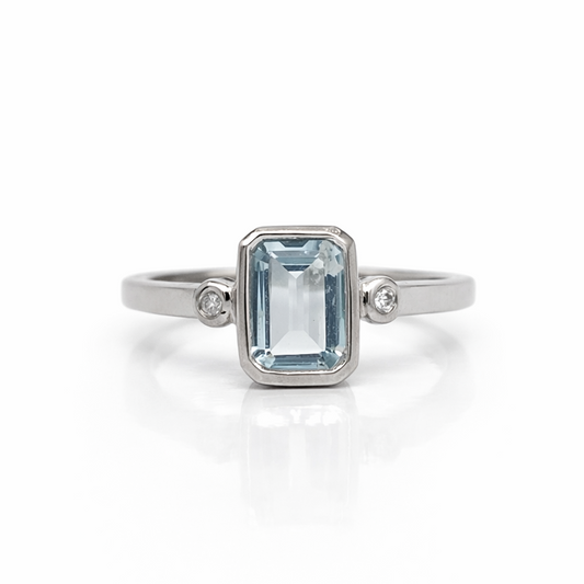 Emerald Cut Aquamarine and Diamond Ring in 9ct White Gold