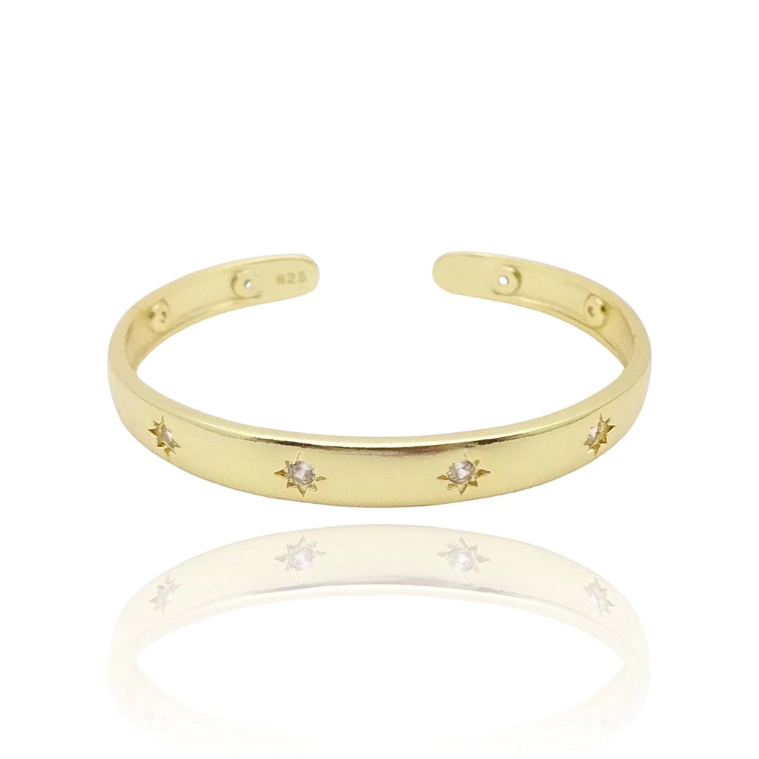 Starburst Cuff Bangle with Cubic Zirconias 14ct Gold Plated