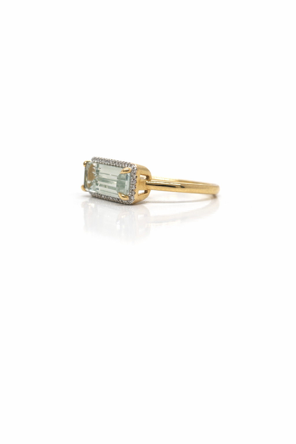 9ct Yellow Gold Rectangle Green Amethyst with Round Cut Diamonds Ring