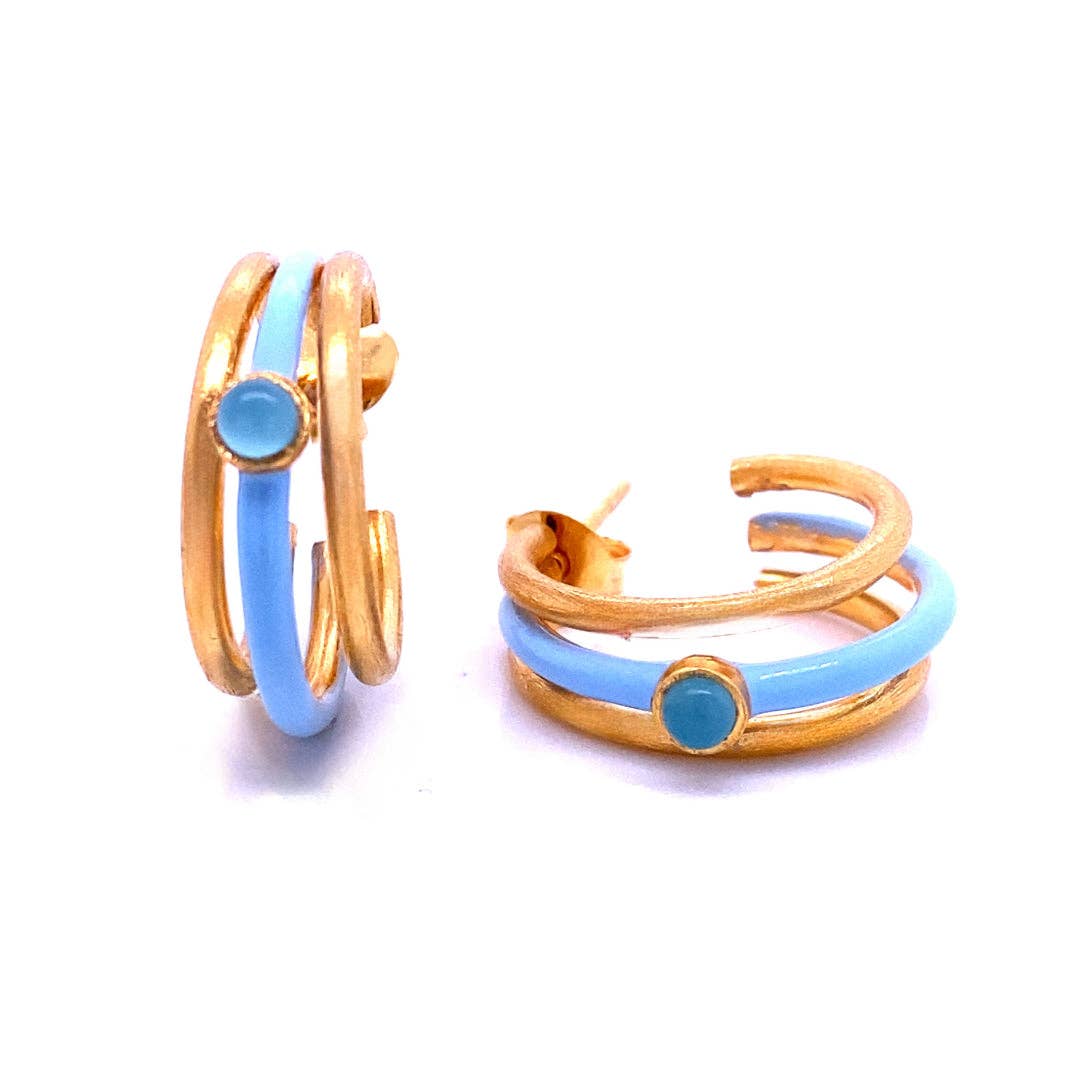 Gold Vermeil, Sterling Silver Blue Enamel and Chalcedony Hoop Earrings