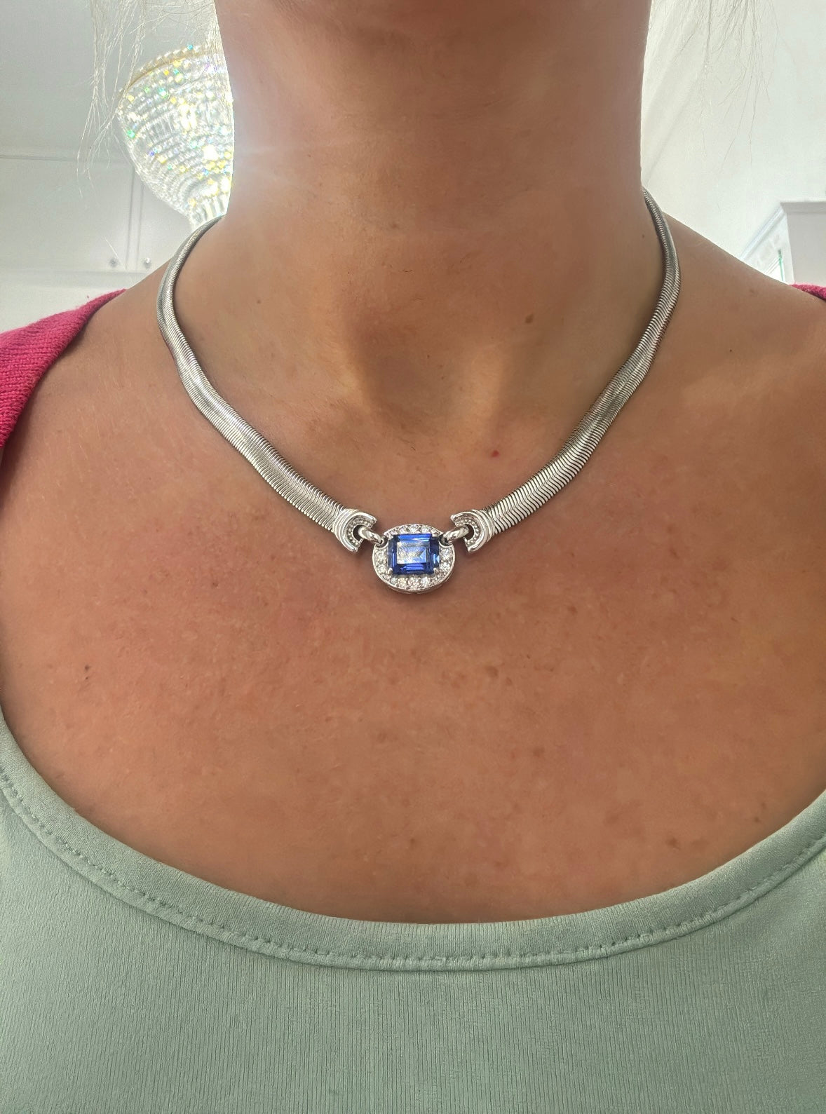 Lab Created Sapphire and Silver Halo Necklace
