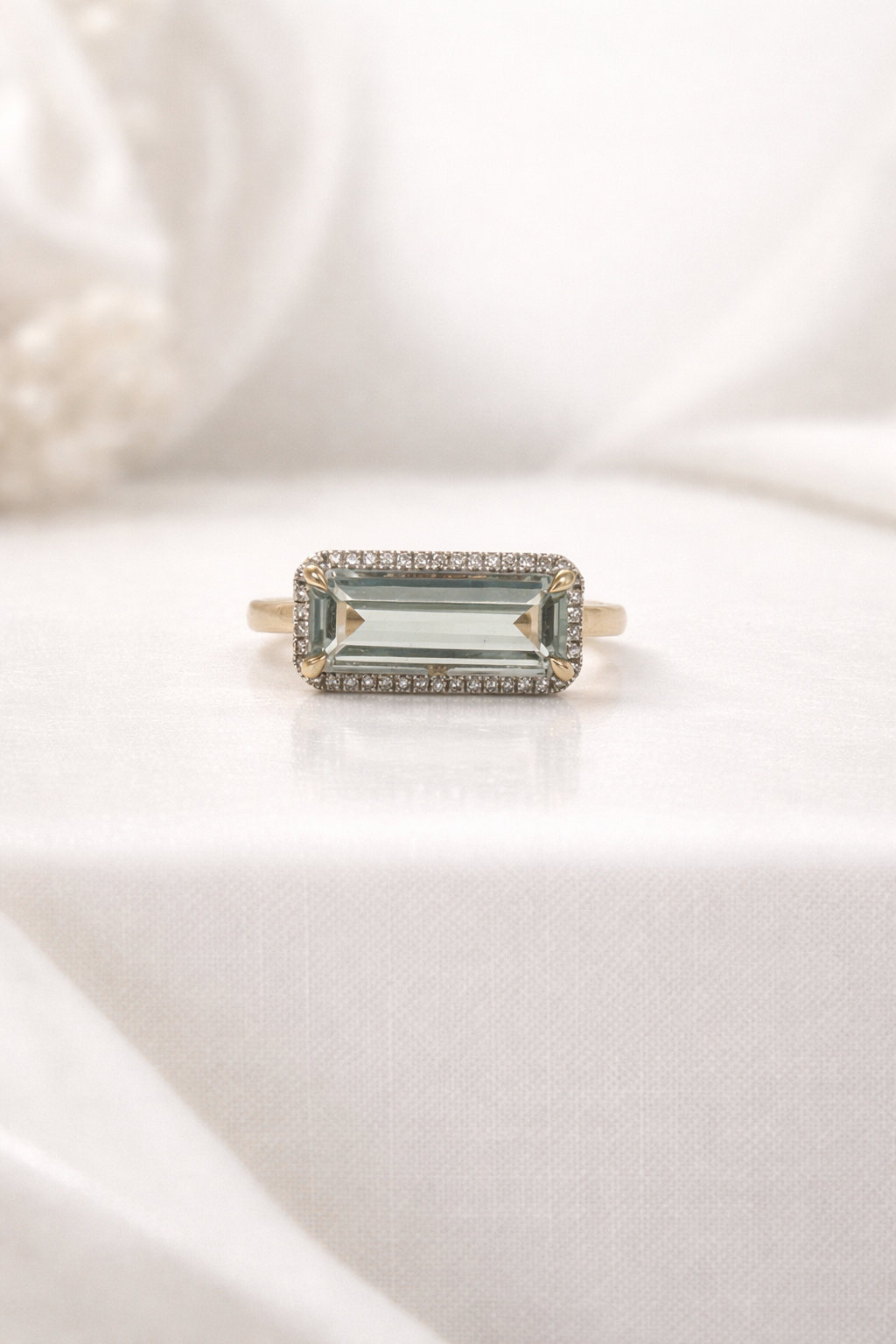 9ct Yellow Gold Rectangle Green Amethyst with Round Cut Diamonds Ring