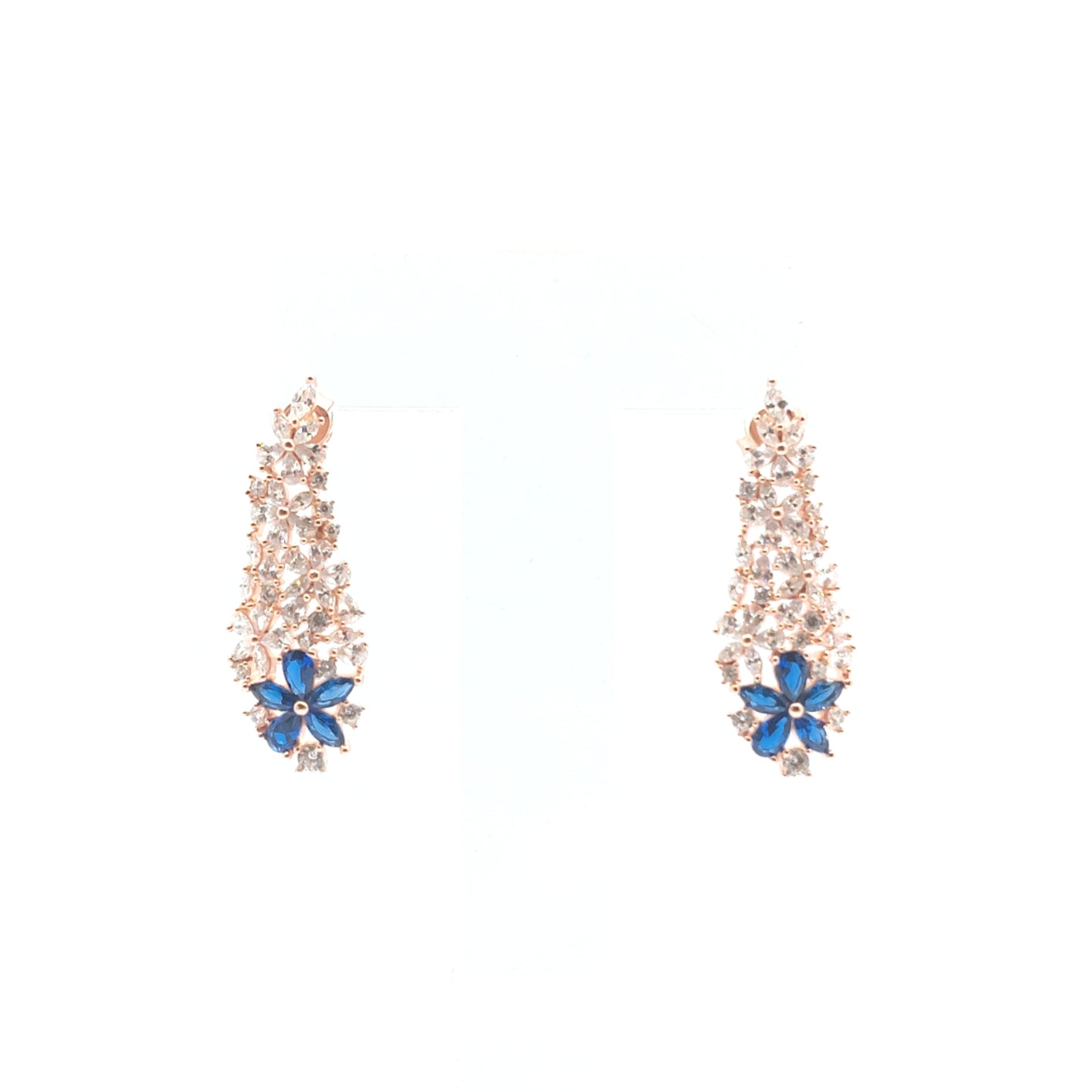 925 rose gold blue flower cz drop earrings