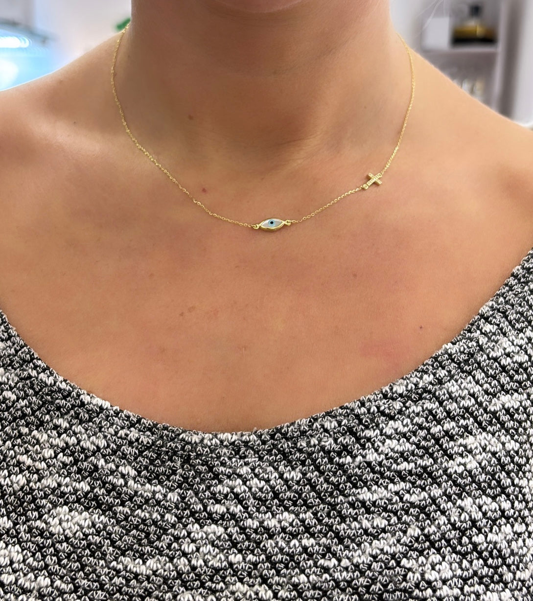 Mother of Pearl Evil Eye and Cross 9ct Yellow Gold  Adjustable Length 16 1/4" - 17" Necklace