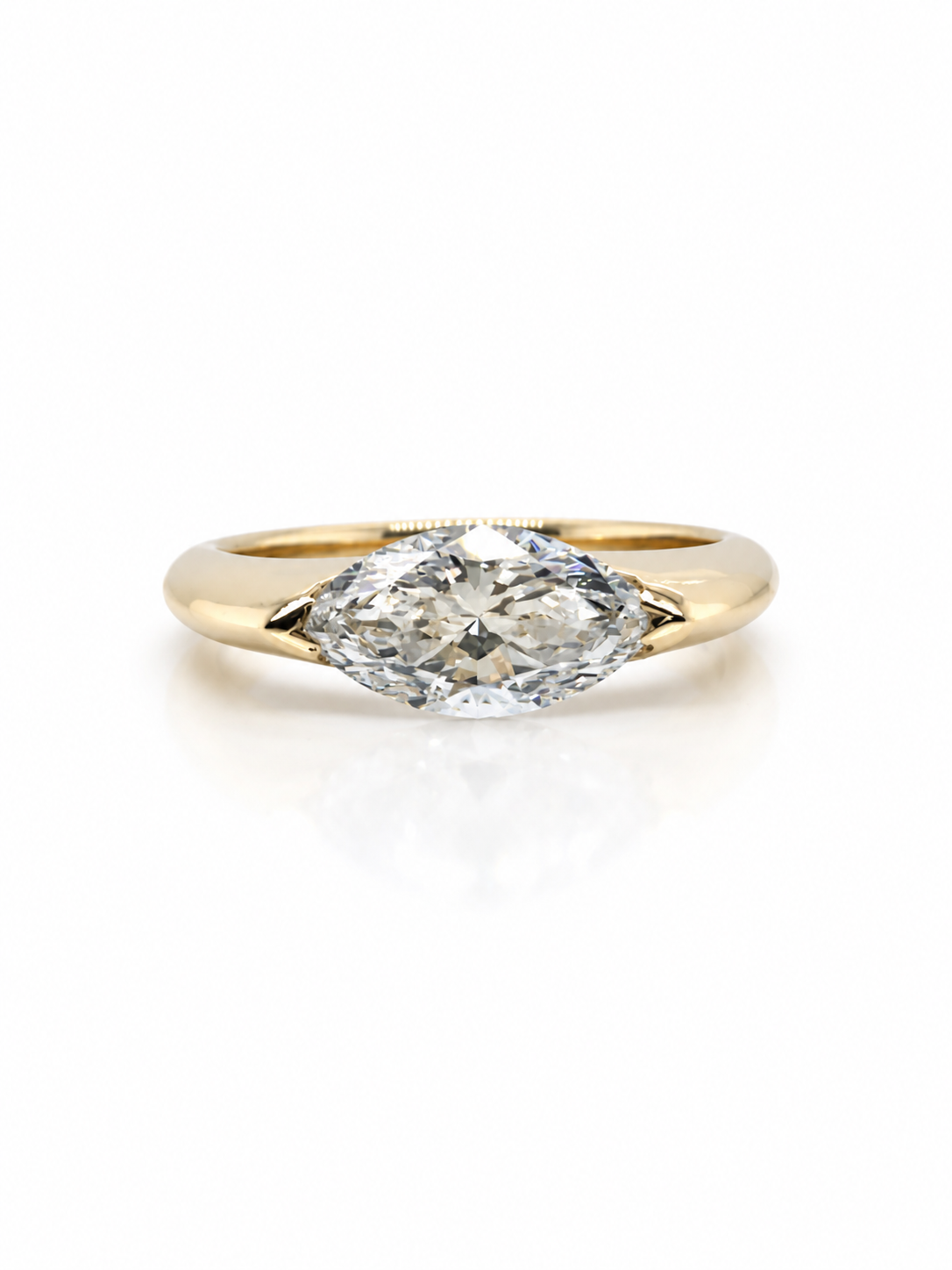 001796 - BESPOKE - Lab Grown Marquise Cut East West, Size H, 2 claw (L shaped marquise style), 14ct Yellow Gold 2mm Wide Band